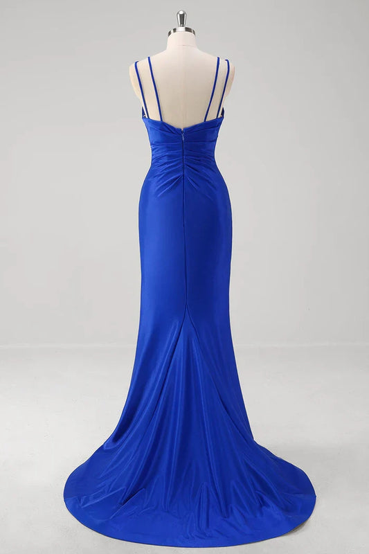 Dress Sparkly Royal Blue Mermaid Spaghetti Straps Party Dress Maxi Dress Sleeveless With Slit Prom Dress