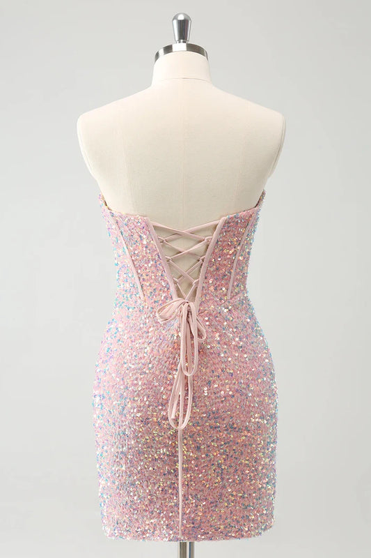 Dress Sparkly Strapless Light Pink Tight Short Homecoming Dress Sleeveless Sequins Party Dress