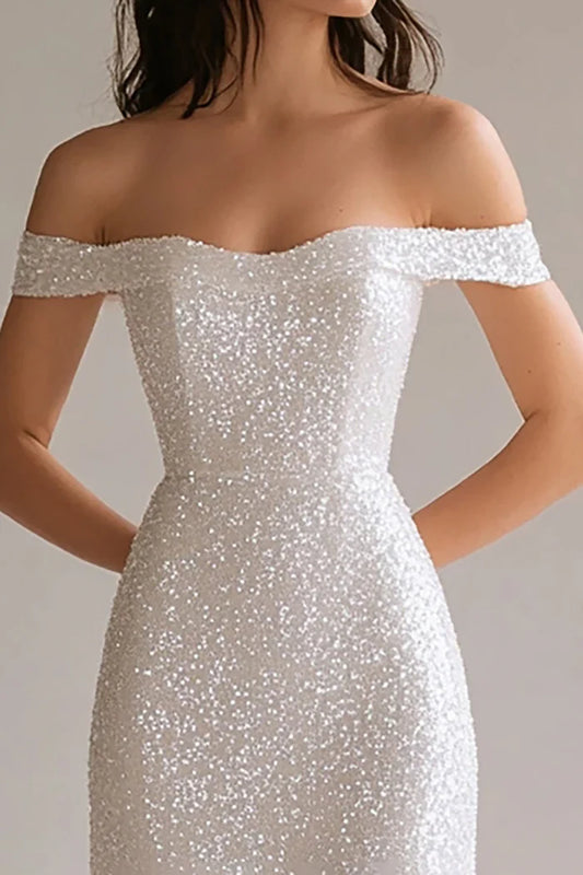 Dress Sparkly White Sequin Sheath Off the Shoulder Maxi Dress Prom Dress Sleeveless Sweep&Brush Train Evening Dress