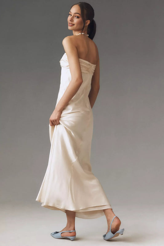 Dress Strapless Ruched Satin Maxi Dress Simple Back Zip Sleeveless Prom Dress