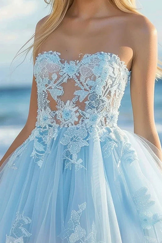 Dress Strapless Tulle Sky Blue Homecoming Dress Appliques Sleeveless Party Dress
