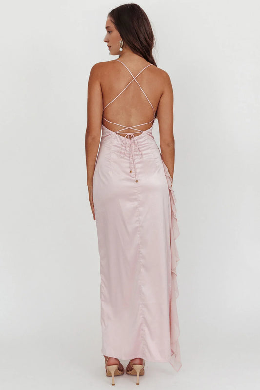 Dress Stylish Pale Pink Satin Maxi Dress Square Neck Spaghetti Strap Accent Asymmetric Ruffled Hem and Form Fitting Cut Prom Dress