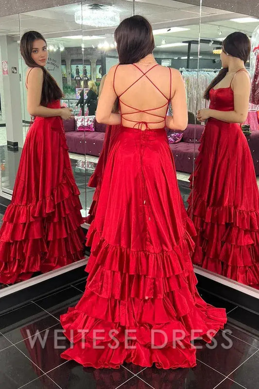 Dress Sweetheart A-Line Scoop Neck Red Ruffle Satin Long Prom Dresses with Slit