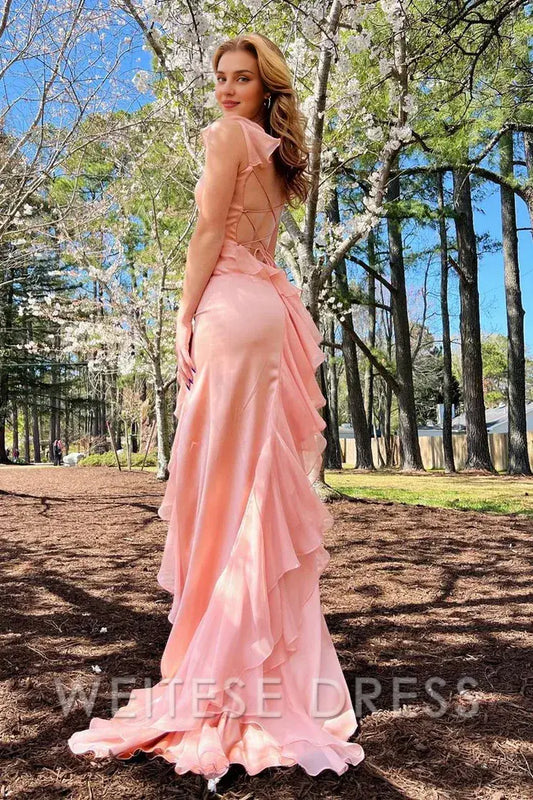Dress Sweetheart Elegant Pink Square Neck Ruffle Chiffon Long Prom Dress with Slit