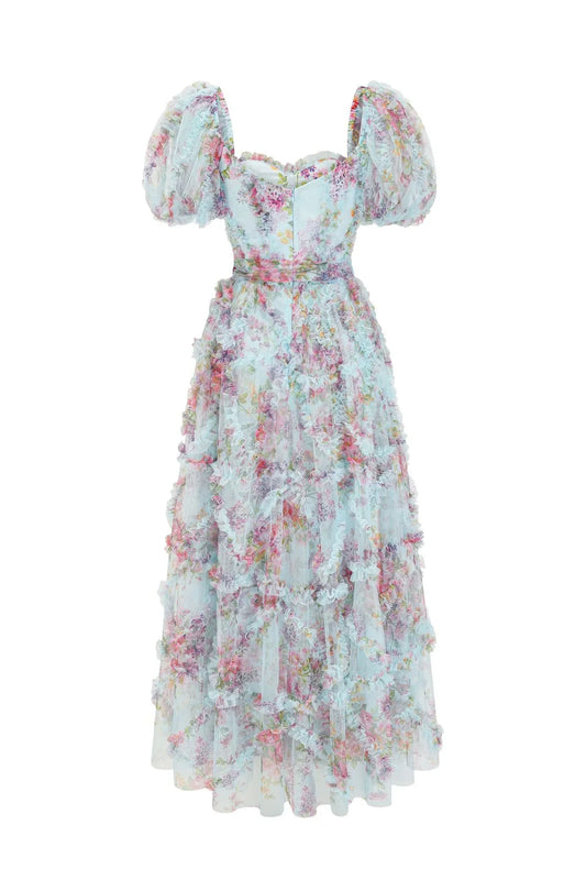 Dress Sweetheart Purple Floral Print Long Dress with Belt Prom Dress