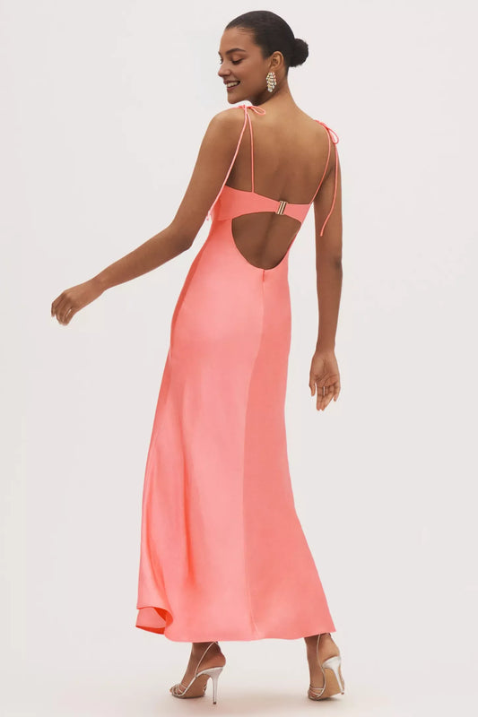 Dress Sweetheart Shell-Shaped Bust Satin Maxi Dress Spaghetti straps Pink Prom Dress
