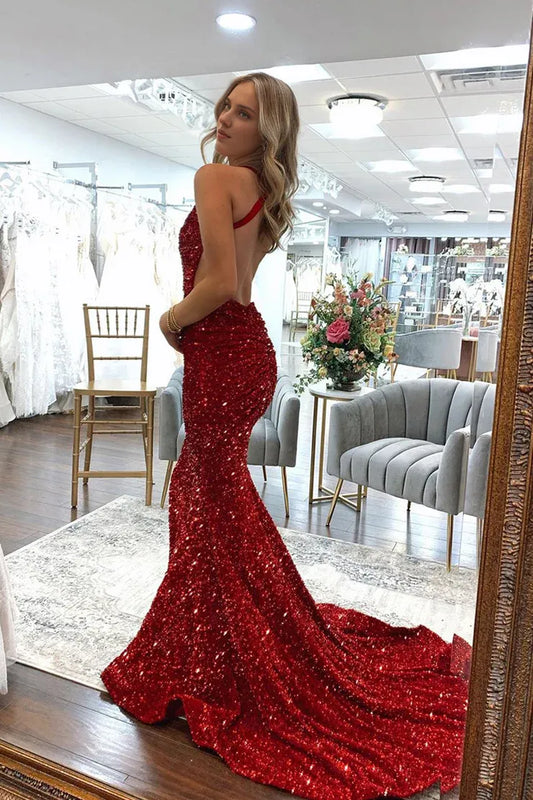 Dress Sweetheart Sparkly Mermaid V Neck Dark Red Sequins Long Prom Dresses