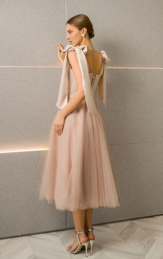 Dress Sweetheart Square Neck Blush Short A-line Satin Tulle Empire Dress Prom Dress Formal Wear Dresses