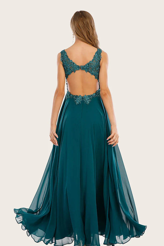 Dress Ink Blue Chiffon Long Evening Dress With Beading Lace Applique Prom Dress