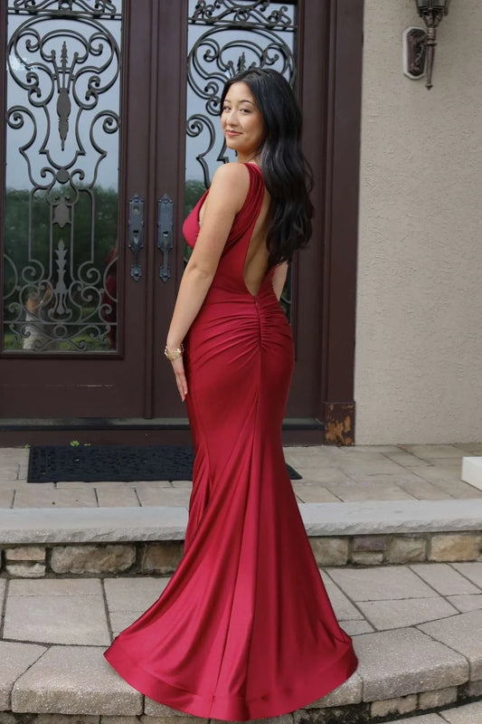Dress V-neck Red Open Back Mermaid Long Dress Corset Bodice Prom Dress