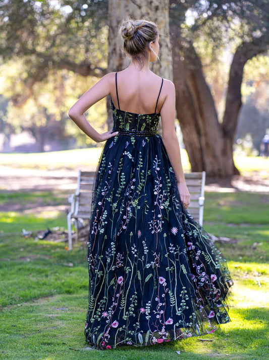 Dress V-neck Spaghetti Straps Applique Tulle Floor Length Prom Dress