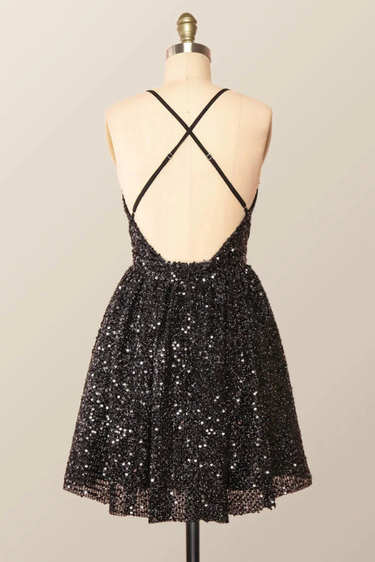 Dress V Neck Black Sequin A-line Short Party Dress Crisscross Back Homecoming Dress