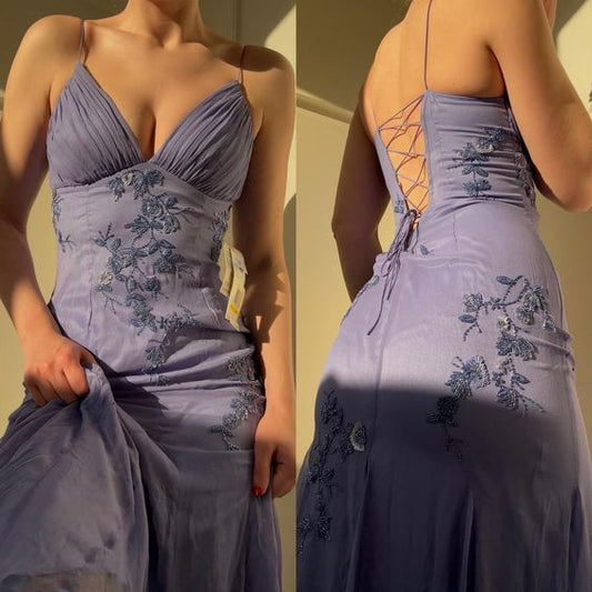 Dress V Neck Purple Spaghetti Straps Sleeveless Appliques Backless Prom Dresses