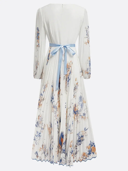 Dress White Pleated Chiffon V Neck Prom Dress Floral Long Balloon Sleeve Flower Printed A-Line Maxi Dress