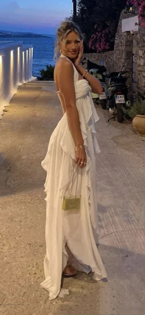 Dress White Pure Color Youthful Elegant Sweet Long Chiffon Ruffle Irregular Skirt Seaside Beach Holiday Party Dress Evening Dress Prom Dress