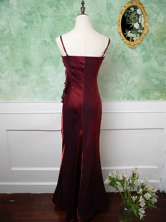 Dress Wine Red Spaghetti Straps Evening Dress Sleeveless Sheath Party Dress Prom Dress With Flower Embellishment