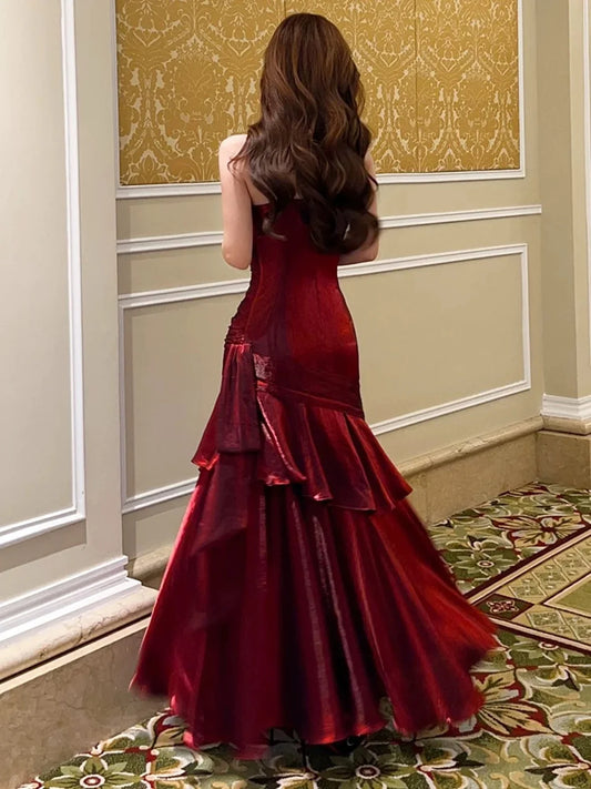 Dress Wine Red Sweetheart Mermaid Straps Satin Party Dress Wine Red Satin Prom Dress