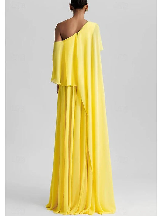 Dress Yellow A-Line Elegant Dress Beach Wedding Formal Wedding Guest Floor Length Sleeveless One Shoulder Stretch Chiffon With Ruffles Slit Evening Dress