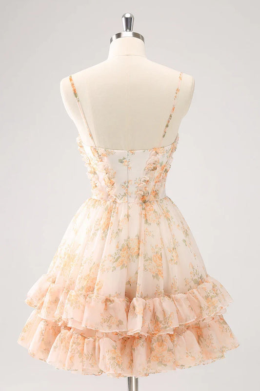Dress Yellow A-Line Front Twist Short Floral Short Homecoming Dress Sleeveless Party Dress