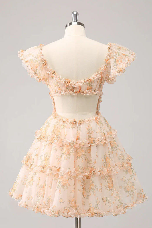 Dress Yellow A-Line Ruffled Tulle Floral Print Short Homecoming Dress Short Sleeve Party Dress