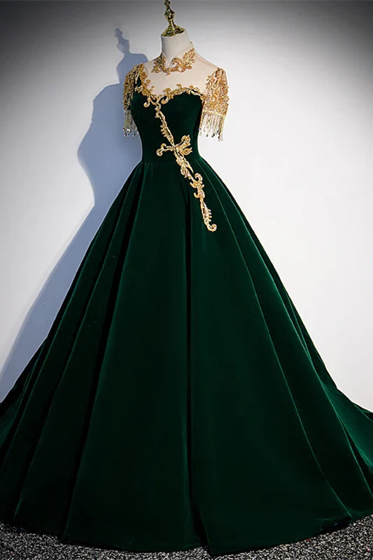 Elegant Gorgeous Dark Green A-line Long Formal Gown with Gold High Neck Prom Dress Prom Dresses Stores