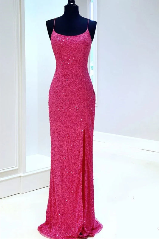 Elegant Spaghetti Straps Neon Pink Sequin Mermaid Formal Dress Prom Dress Prom Dresses Stores