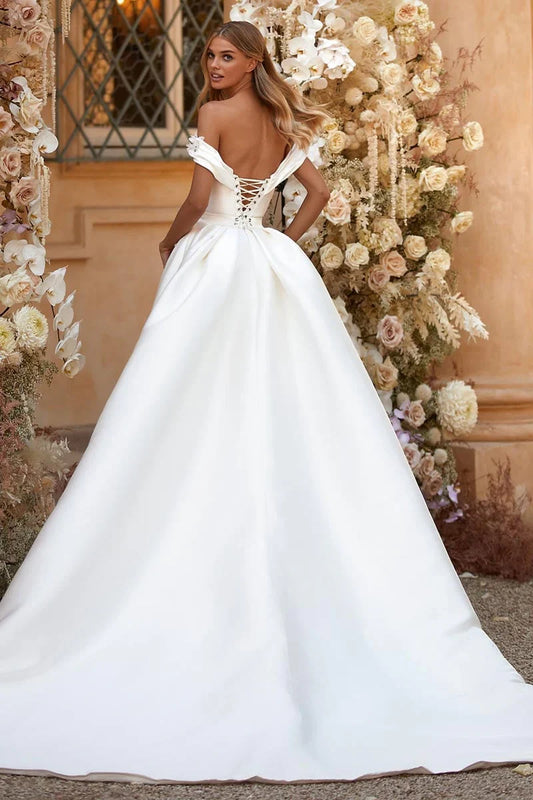 Prom Dress In Store Divine A-line Off-the-Shoulder Romantic Satin Wedding Dress Backless Dress For Wedding