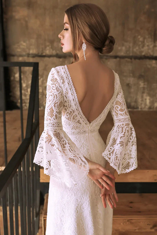 Prom Dress In Store Eternity Lace Mermaid Boatneck Wedding Dress Long Sleeves Backless Dress For Wedding