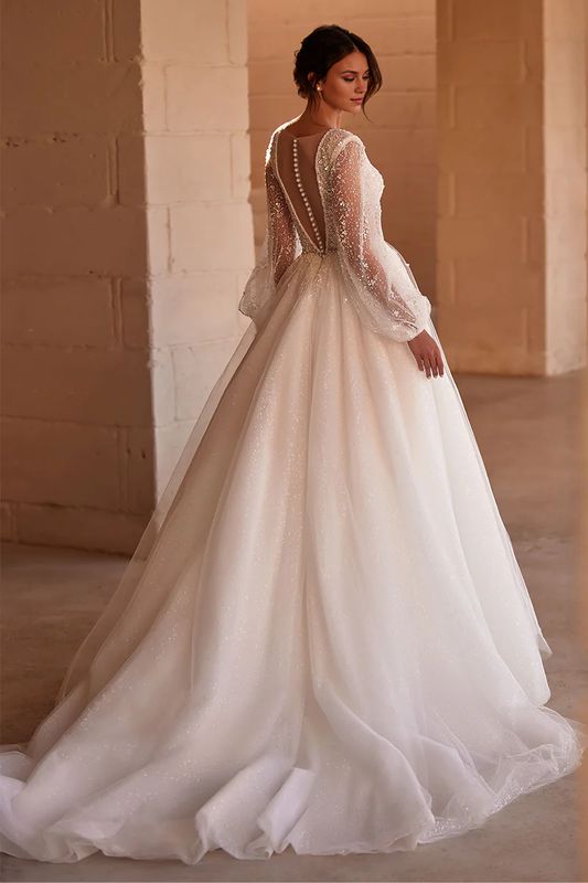Prom Dress In Store Long Sleeve Beaded Tulle Round Neck Wedding Dress A-line Sparkling Dress For Wedding