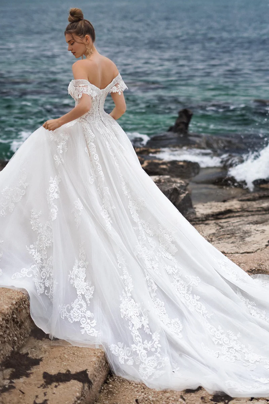Prom Dress In Store Off-the-shoulder Strapless A-line Wedding Dress With Overlength Train Dress For Wedding