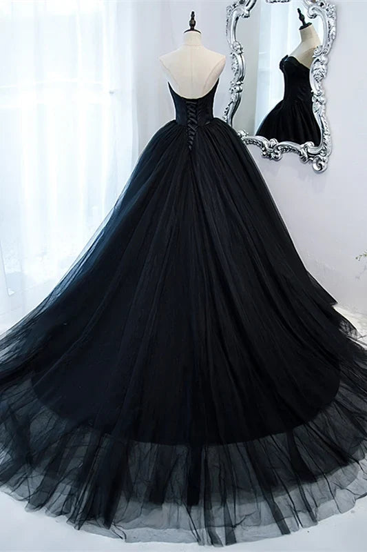 Strapless A-line Gorgeous Sweetheart Black Ball Gown Tulle Sleeveless Prom Dress Prom Dresses Stores 