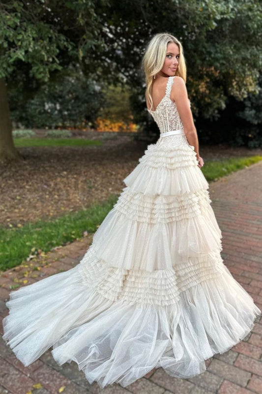 A-Line Off The Shoulder Lace-Corset Tiered Tulle Champagne Long Prom Dress