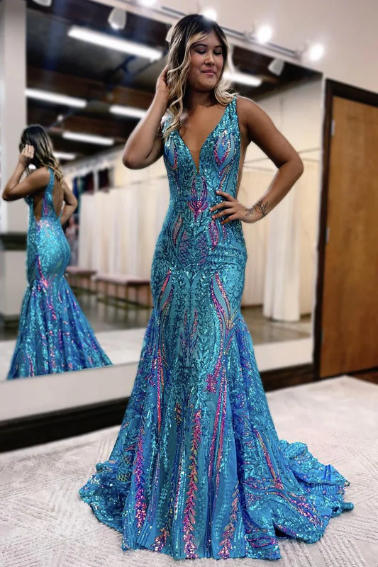 Dress Charming Mermaid V Neck Blue Sequin Lace Long Prom Dresses