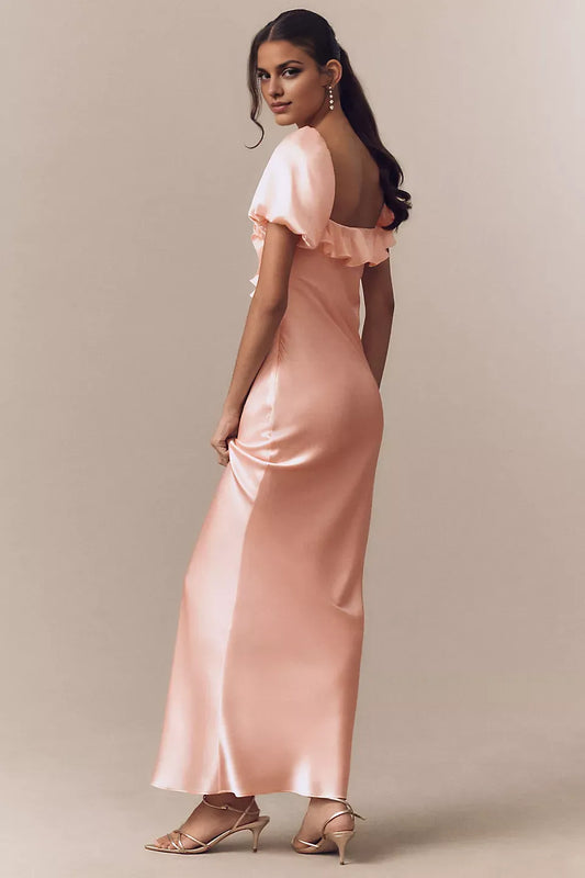 Dress Elegant Sheath Column Satin Puff-Sleeve Maxi Dress Prom Dress With 3D Flower