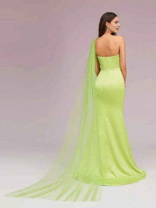 Dress Unique Mermaid Trumpet One Shoulder Long Soft Satin Formal Tulle Prom Dresses