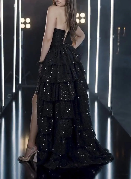 Sparkly Sequins A Line Strapless Black Corset Prom Dress with Ruffles