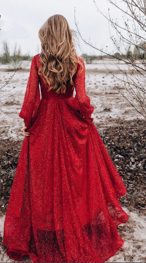 V Neck Red Wedding Dress With Sequins Beads Bridal Gown Prom Dress Long Sleeves Mermaid
