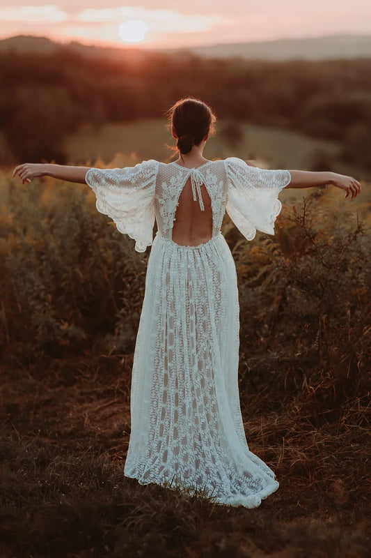 Wedding Dress Lace Wedding Elopement Dress Flutter Sleeve Floor Lengthround Neck Backless Lace Up Bride Dress