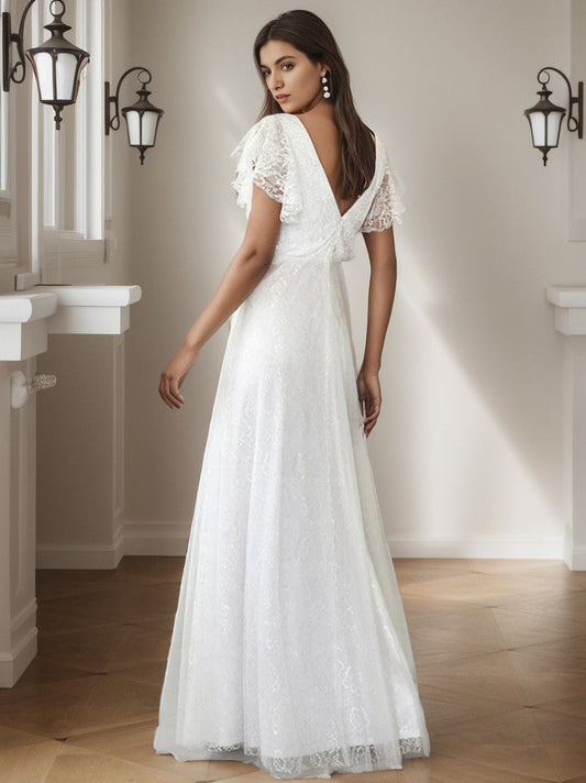 Elegant Maxi Lace Elopement Wedding Dress with Ruffle Sleeves