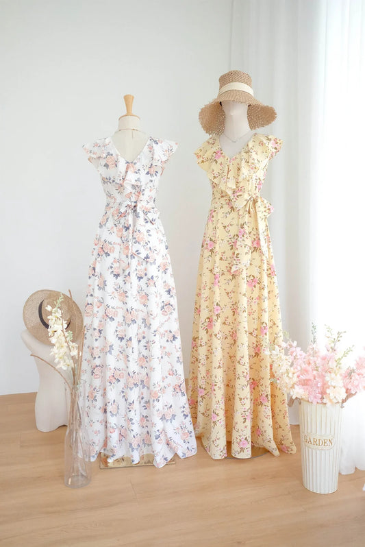 White Floral Dress Bridesmaid Dresses Vintage Maxi Party Dress V Neck Yellow Prom Cocktail Evening Gown Wedding Guest Dress