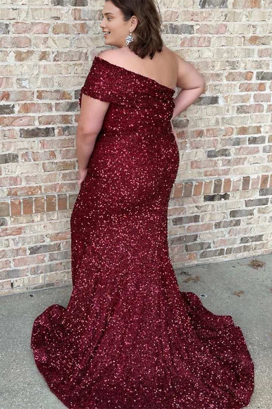 Wine Red Sequin Off-the-Shoulder Mermaid Long Formal Prom Dress