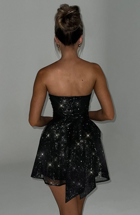 Women Strapless Black Sparkle Sexy Mini Dress for Backless Bow Pleated Dresses Party Dress Homecoming Dresses
