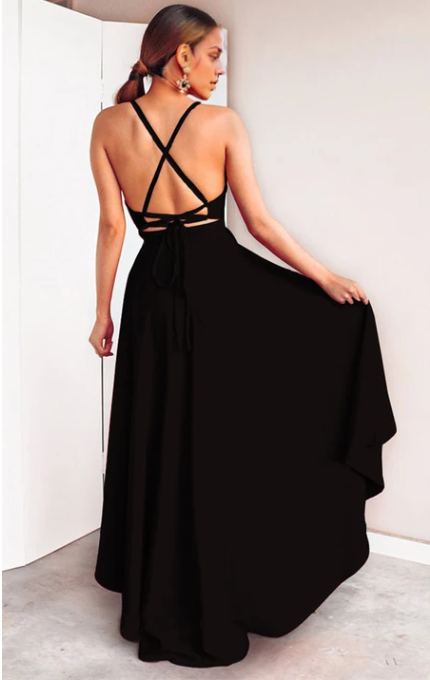 Dress Black High-Low Sexy A Line Plunging Neck Evening Dress Prom Dress Formal Wear Dresses