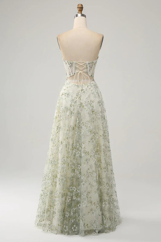 A-Line Corset Evening Dress with Embroidery