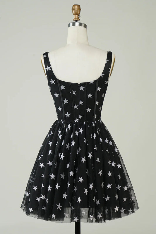 A Line V Neck Tulle Black Homecoming Dress With Stars