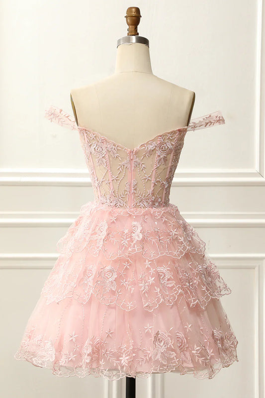 Pink Off The Shoulder Corset Homecoming Dress With Appliques