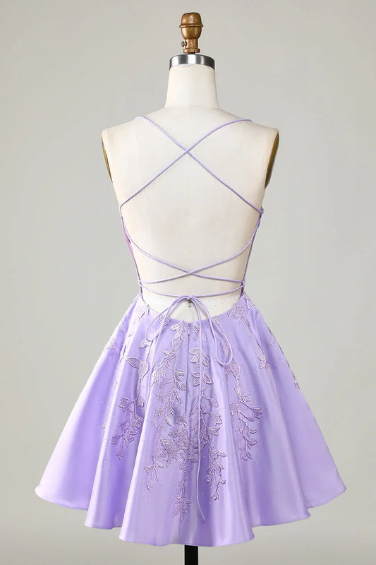 Corset A-Line Satin Short Purple Homecoming Dress With Lace