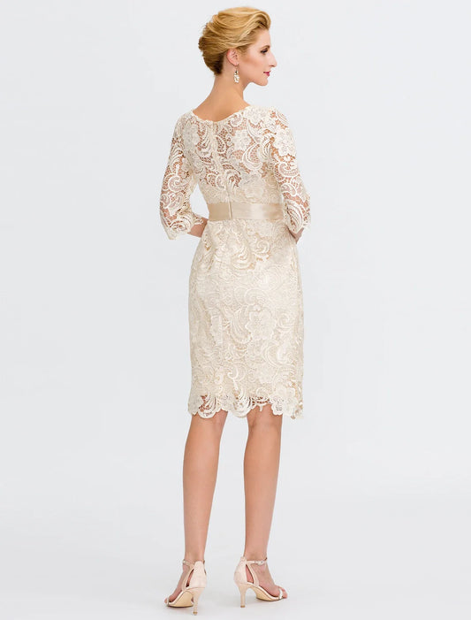 Sheath / Column Mother of the Bride Dress Formal Wedding Guest Elegant Illusion Neck Knee Length All Over Lace 3/4 Length Sleeve with Bow(s)