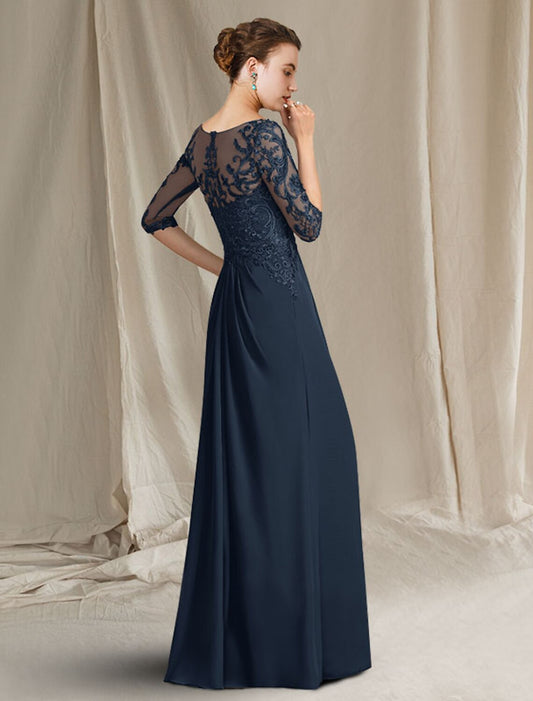 A-Line Mother of the Bride Dress Elegant V Neck Floor Length Chiffon Lace Half Sleeve with Draping Appliques