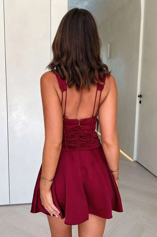 Simple A-Line V Neck Sleeveless Backless Satin Short-Mini Homecoming Dress